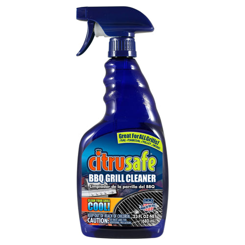 Blue spray bottle of Citrusafe BBQ Grill Cleaner with colorful label and trigger sprayer on white background.