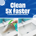 Graphic showing 'Clean 5X faster' headline with before-and-after sink photos and product spray action