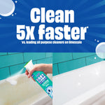 Graphic split image showing text 'Clean 5X faster' and a hand spraying Scrubbing Bubbles Easy Clean foam on a tub before-and-after.