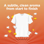 Graphic of a plain white T-shirt on an orange burst background with floating clothing icons and headline about a subtle, clean aroma.