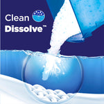 Graphic showing powder being poured into water with 'Clean Dissolve' text and an illustrated dissolving action