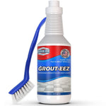 Clean‑EEZ Grout‑EEZ quart bottle with ribbed neck and blue handheld grout brush resting beside it on white background.
