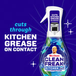 Mr. Clean Clean Freak Kitchen spray bottle on purple background with bold text reading cuts through kitchen grease on contact