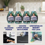 Kitchen lifestyle image showing four Mr. Clean Clean Freak bottles on a counter with cleaning action photos below
