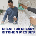 Split kitchen images showing a person wiping a countertop and another cleaning a backsplash with Clean Freak bottle