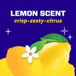 Graphic art of lemons and text reading ‘LEMON SCENT crisp•zesty•citrus’ on a purple background