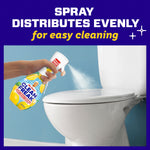 Spray demonstrating even distribution of Mr. Clean Clean Freak lemon cleaner onto toilet