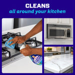 Collage showing a person cleaning a stovetop, a microwave, and a countertop with Mr. Clean Clean Freak Kitchen product