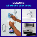 Collage showing Mr. Clean Clean Freak being used to clean a shower door plus images of faucet and kitchen stove areas.