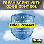 Blue shield graphic reading clean fresh scent Odor Protect with Brute Super Tuff logo on cloudy background