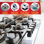Close-up of a clean gas stovetop with icons above highlighting features: attacks grease, hard & soft surfaces, spots & spills, total home cleaning