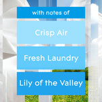 Graphic panel listing fragrance notes: Crisp Air, Fresh Laundry, Lily of the Valley on a linen-themed background.