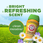 Arm & Hammer Clean Scentsations bottle set against a meadow background with flowers and text calling the scent bright and refreshing.