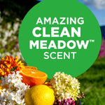 Green circular badge reading 'Amazing Clean Meadow scent' over a floral and citrus scene suggesting fragrance notes