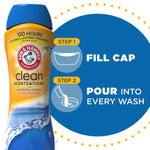Instructional graphic showing the Clean Scentsations bottle and two steps illustrating fill cap then pour into every wash