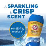 Promotional graphic showing Arm & Hammer Clean Scentsations bottle against scenic background with 'A sparkling & crisp scent' text