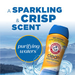 Promotional graphic showing the Clean Scentsations bottle tilted with mountainous water background and text describing a sparkling crisp scent