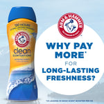 Promotional image with a Clean Scentsations bottle beside an Arm & Hammer logo and text asking why pay more for long-lasting freshness