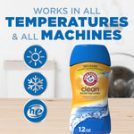 Graphic showing Clean Scentsations bottle on a tabletop with icons and text 'Works in all temperatures & all machines'