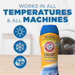 Arm & Hammer Clean Scentsations purifying waters bottle on a countertop with icons and copy stating works in all temperatures and machines