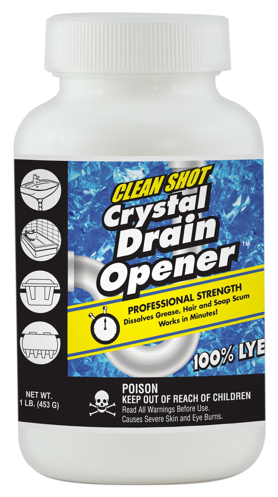 White plastic bottle of Clean Shot Crystal Drain Opener with blue label and poison warning skull
