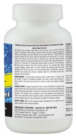 Rear view of Clean Shot drain opener bottle showing directions, warnings and small text on white label