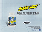 Promotional tile with Clean Shot logo, a bottle of Crystal Drain Opener and a tiled floor drain graphic