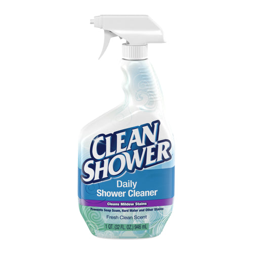 Clear front view of a Clean Shower Daily Shower Cleaner spray bottle with blue label and trigger top