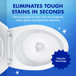 Top-down view of a clean toilet bowl on blue tiled background with headline about eliminating tough stains and a cling gel callout