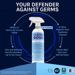 CleanBoss spray bottle centered on dark blue infographic background with claims and certification icons