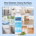 CleanBoss bottle in front of a collage showing stainless steel, upholstery, glass, tile, bathroom and wood floor surfaces