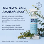 CleanBoss bottle staged with sprigs of thyme and descriptive text about the product's botanical scent on a pale blue background