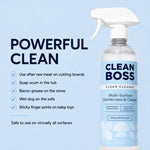 CleanBoss spray bottle at right with 'Powerful Clean' headline and checklist of uses on a light blue background