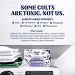 Clean Cult product on a washer shelf with large headline about ingredients and list of what the product is made without