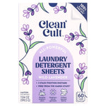 Clean Cult laundry detergent sheets packaging in wild lavender design showing product name and icons for benefits