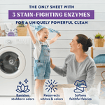 Lifestyle image of parent and child in laundry room with Clean Cult box and icons highlighting enzyme stain-fighting benefits