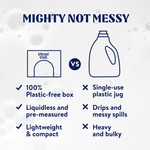 Informational graphic comparing Clean Cult plastic-free box and sheets versus traditional liquid jug with benefit checklist