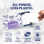 Hand holding a single detergent sheet above a Clean Cult wild lavender box with icons highlighting compatibility and features