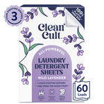 Clean Cult wild lavender laundry detergent sheets box with lavender illustrations and 60 loads badge