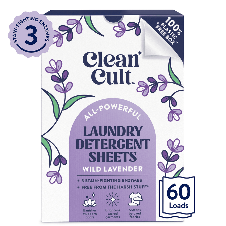 Clean Cult wild lavender laundry detergent sheets box with lavender illustrations and 60 loads badge