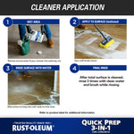 Four-step cleaner application panel with photos of pouring, scrubbing, rinsing and final rinse instructions