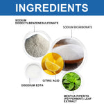 Ingredient graphic showing labeled circles with powders, lemon slices and mint leaf for cleaning product components