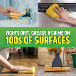 Four-panel image showing cleaning actions on fixtures, appliances and floors with headline about fighting dirt and grime