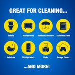 Blue graphic listing cleaning applications with yellow icons for toilets, microwaves, outdoor furniture and more