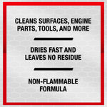 Graphic panel with bold text stating cleaning benefits: cleans surfaces, engine parts, tools, dries fast, no residue.