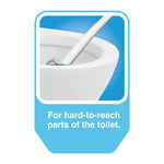 Illustration of cleaning head reaching into toilet bowl with caption about hard-to-reach parts