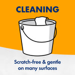 Simple graphic of a bucket and cloth illustration on orange background with headline “CLEANING” and caption about being scratch-free and gentle.