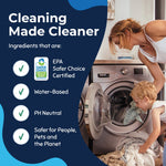 Lifestyle image of parent and child loading laundry with 'Cleaning Made Cleaner' features listing Safer Choice, water-based and pH neutral