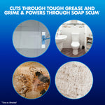 Four circular images showing mopping, a bathroom and close-ups of grime and soap scum under header about cutting through tough grease and grime