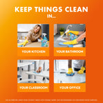 Four lifestyle photos showing cleaning scenes labeled your kitchen, bathroom, classroom and office on orange background
